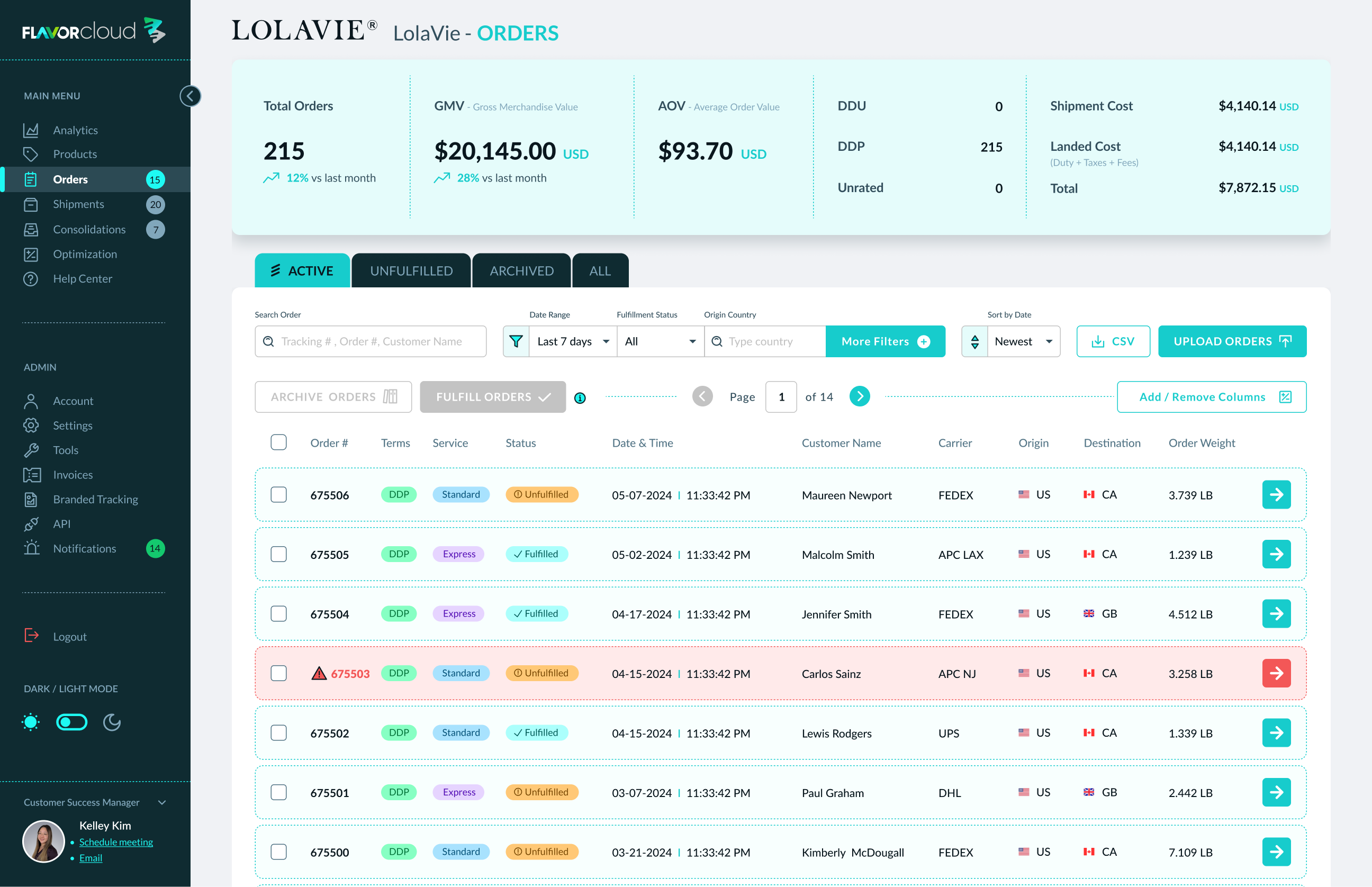 Redesigned FlavorCloud orders dashboard with operational metrics, filters, and order workflow